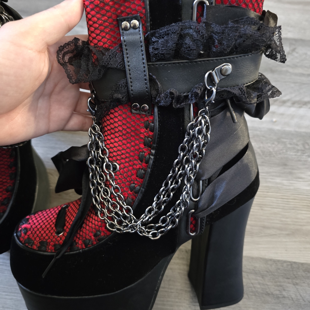Demonia Black and Red Heeled Boots with Chains - Picture 5 of 7